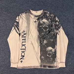 Affliction Mens Small Long Sleeve Graphic T-Shirt Tan Black Skulls Gothic Y2K
